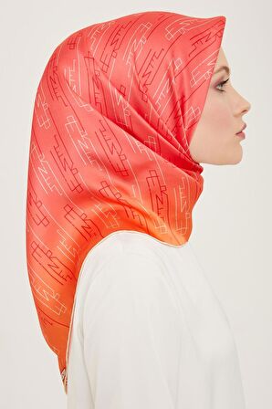 Armine Pembe-Turuncu Yazı Desen Tivil İpek Eşarp 9142-81