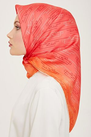 Armine Pembe-Turuncu Yazı Desen Tivil İpek Eşarp 9142-81