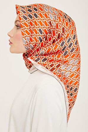 Armine Turuncu-Gri Geometrik Desen Tivil İpek Eşarp 9144-37
