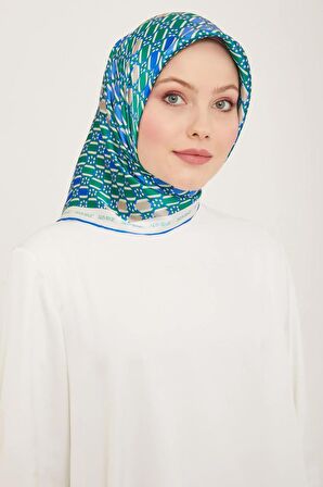 Armine Yeşil-Mavi Geometrik Desen Tivil İpek Eşarp 9144-84