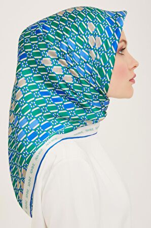 Armine Yeşil-Mavi Geometrik Desen Tivil İpek Eşarp 9144-84
