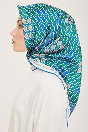 Armine Yeşil-Mavi Geometrik Desen Tivil İpek Eşarp 9144-84