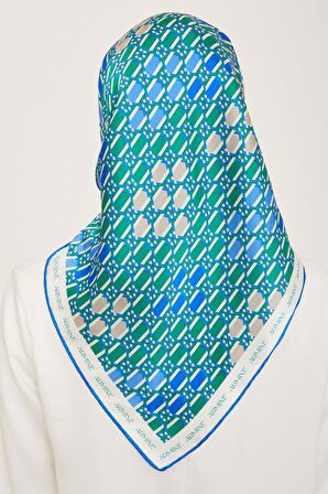 Armine Yeşil-Mavi Geometrik Desen Tivil İpek Eşarp 9144-84