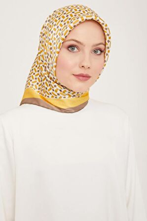 Armine Antrasit Gri-Sarı Geometrik Desen Tivil İpek Eşarp 9151-02