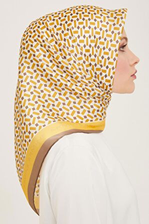 Armine Antrasit Gri-Sarı Geometrik Desen Tivil İpek Eşarp 9151-02