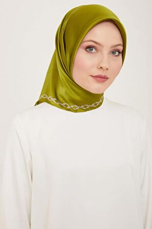 Armine Yeşil-Beyaz Düz Renk Tivil İpek Eşarp 9154-84