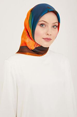 Armine Turuncu Batik Desen Tivil İpek Eşarp 9145-09