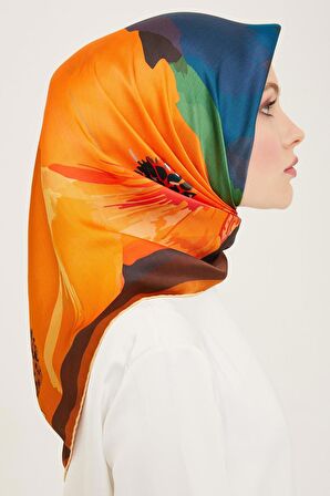 Armine Turuncu Batik Desen Tivil İpek Eşarp 9145-09