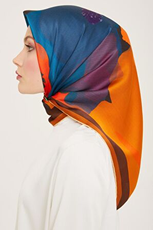 Armine Turuncu Batik Desen Tivil İpek Eşarp 9145-09