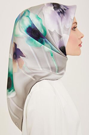 Armine Gümüş Çiçek Desen Tivil İpek Eşarp 9105-32