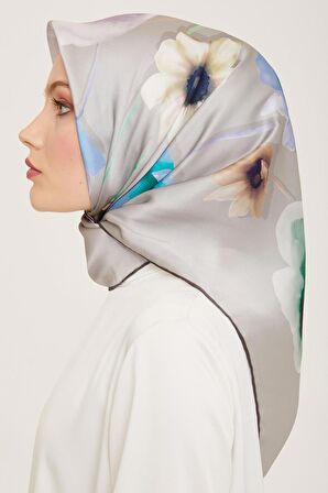 Armine Gümüş Çiçek Desen Tivil İpek Eşarp 9105-32