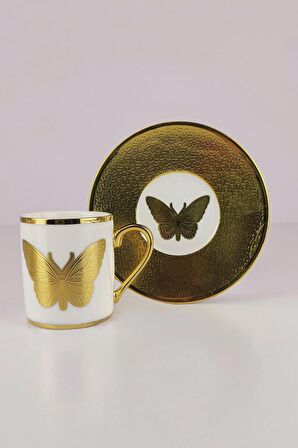 Digithome Kosova Porselen Butterfly 6’lı Kahve Fincan Takımı Beyaz Gold - İST-113