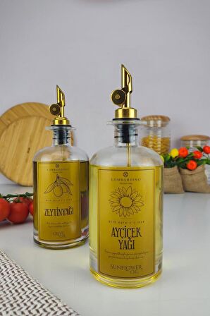 Lombardino 2'li Zeytinyağı Ve Sıvıyağ Şişesi Otomatik Kapak Gold Etiketli Yağdanlık 500 ml C1-1-289