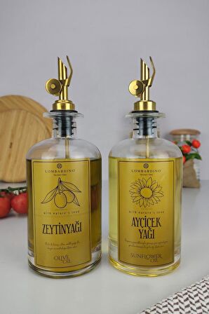 Lombardino 2'li Zeytinyağı Ve Sıvıyağ Şişesi Otomatik Kapak Gold Etiketli Yağdanlık 500 ml C1-1-289