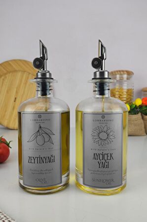 Lombardino 2'li Zeytinyağı Ve Sıvıyağ Şişesi Otomatik Kapak Gümüş Etiketli Yağdanlık 500 ml C1-1-289