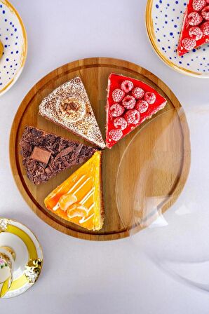 Digithome Wooden Cake Ahşap Standlı Cam Kapaklı Kek Fanusu ve Pasta Sunum Standı Yuvarlak 28 Cm - C1-1-288