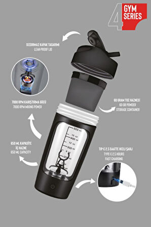 Stevig 4 Gym Şarj Edilebilir Elektrikli Protein Shaker 650 Ml Black ST-225