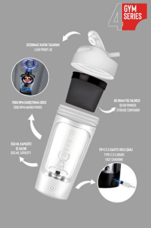Stevig 4 Gym Şarj Edilebilir Elektrikli Protein Shaker 650 Ml White ST-226