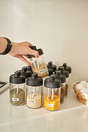 12 Parça Bianco 12'li Kendinden Kaşıklı Kilitli Kapaklı Baharat Takımı Cam