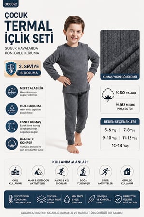 Antrasit Termal Çocuk İçlik Takım Unisex OC0052