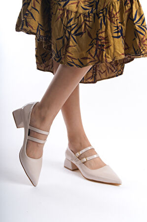 Kadın Sivri Burun Kemer Tokalı Rahat Klasik Topuklu Ayakkabı Mary Jane ZR03