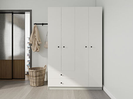 4 Kapaklı 2 Çekmeceli Gardırop Külgri-Beyaz