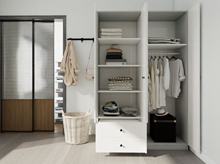 4 Kapaklı 2 Çekmeceli Gardırop Külgri-Beyaz