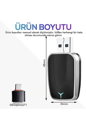 2'si 1 Arada Kablosuz CarPlay & Android Auto Mini USB Adaptör (Type-C OTG Destekli Dönüştürücü)
