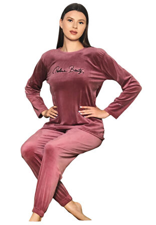 Zirve Kadın Pembe Kadife Kışlık Uzun Kollu Pijama Takımı 1005