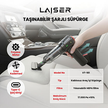 Laiser Mini, Katlanabilir LED Ekranlı 17.000 PA 3ın1 Çekme-Vakum-Üfleme Özellikli Şarjlı Araç Süpürgesi