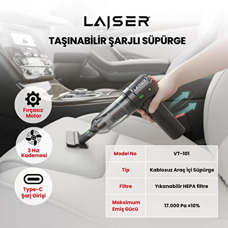 Laiser Mini, Katlanabilir LED Ekranlı 17.000 PA 3ın1 Çekme-Vakum-Üfleme Özellikli Şarjlı Araç Süpürgesi