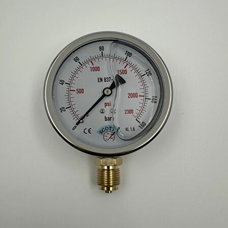 Ø 100 - 0 - 160 BAR 1/2 GLİSERİNLİ ALTTAN ÇIKIŞLI MANOMETRE