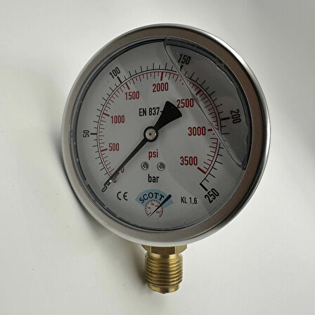 Ø 100 - 0 - 250 BAR 1/2 GLİSERİNLİ ALTTAN ÇIKIŞLI MANOMETRE