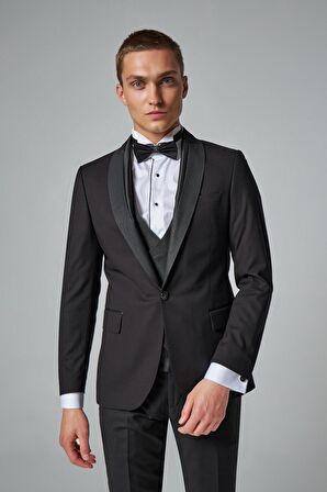 Ds Damat Slim Fit Siyah Düz Damatlık & Smokin Yelekli Takim Elbise 2HSY59721003M