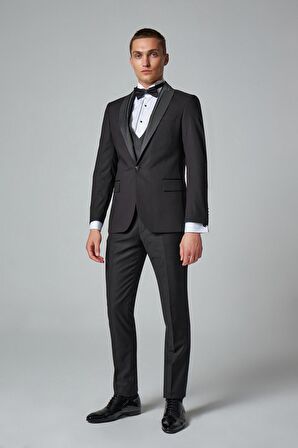 Ds Damat Slim Fit Siyah Düz Damatlık & Smokin Yelekli Takim Elbise 2HSY59721003M