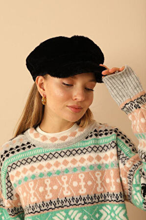 OLLEVRA Yumuşak Dokulu Peluş Kadın Kasket Şapka Siyah Kaptan Denizci Tipi