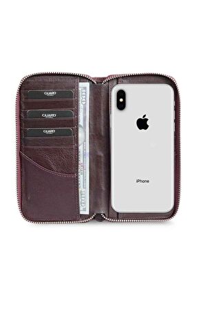Guard Bordo Kamuflaj Baskılı Hakiki Deri Fermuarlı Cüzdan Erkek / Kadın P3016