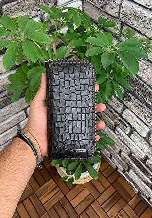 Guard Koyu Kahverengi Croco Hakiki Deri Baskılı Fermuarlı Portföy Cüzdan Erkek / Kadın P3016