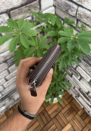 Guard Koyu Kahverengi Croco Hakiki Deri Baskılı Fermuarlı Portföy Cüzdan Erkek / Kadın P3016