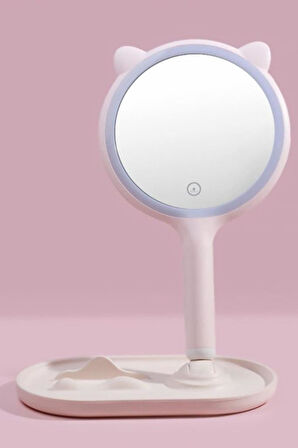 OLLEVRA Kedi Kulaklı Telefon Standlı Yuvarlak Dokunmatik Led Ayarlı Masa Üstü Makyaj Aynası