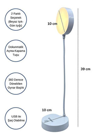 OLLEVRA Yuvarlak USBli Dokunmatik 3 Kademeli 360 Derece  Özel Göz Korumalı Led Lityum Masa Lambası