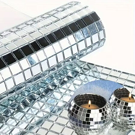 OLLEVRA Kare Silver Cam Mozaik 30x30 cm Fayans Çıkartmaları El İşi Kare Cam Fayans Kendinden Yapışkanlı Aynalı Dekor Panel