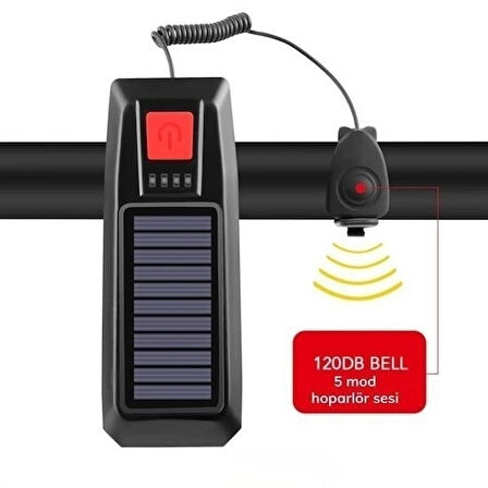 OLLEVRA Bisiklet Feneri Ledli Kornalı ve Su Geçirmez Far Solar Enerjili USB ile Şarj Edilebilir