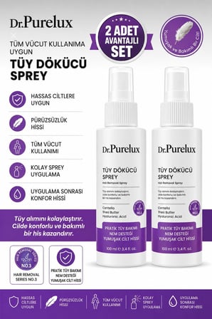 Hassas Ciltlere Uygun Tüy Dökücü Sprey – Pürüzsüz ve Yumuşak Cilt – Tüm Vücut Kullanıma Uygun 2 X 100 ml