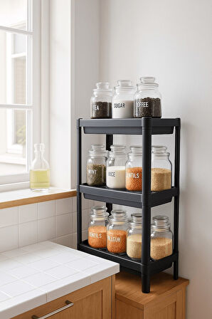 Flex Elite Pro 3 Katlı Mat Siyah Modüler Dikdörtgen Raf Ünitesi – Mutfak Rafı, Banyo Düzenleyici ve 