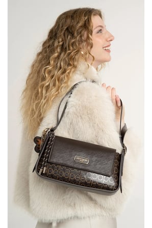Kahve Parlak Monogram Desenli Kadın Omuz Çantası - Baget Model