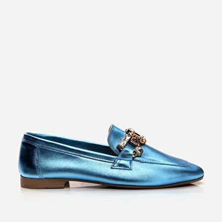Hakiki Deri Mavi Kadın Loafer