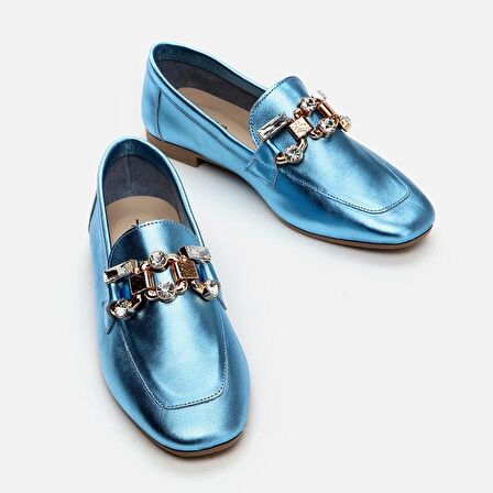 Hakiki Deri Mavi Kadın Loafer
