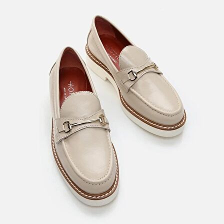 Hakiki Deri Bej Kadın Loafer
