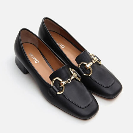 Hakiki Deri Siyah Kadın Kalın Topuk